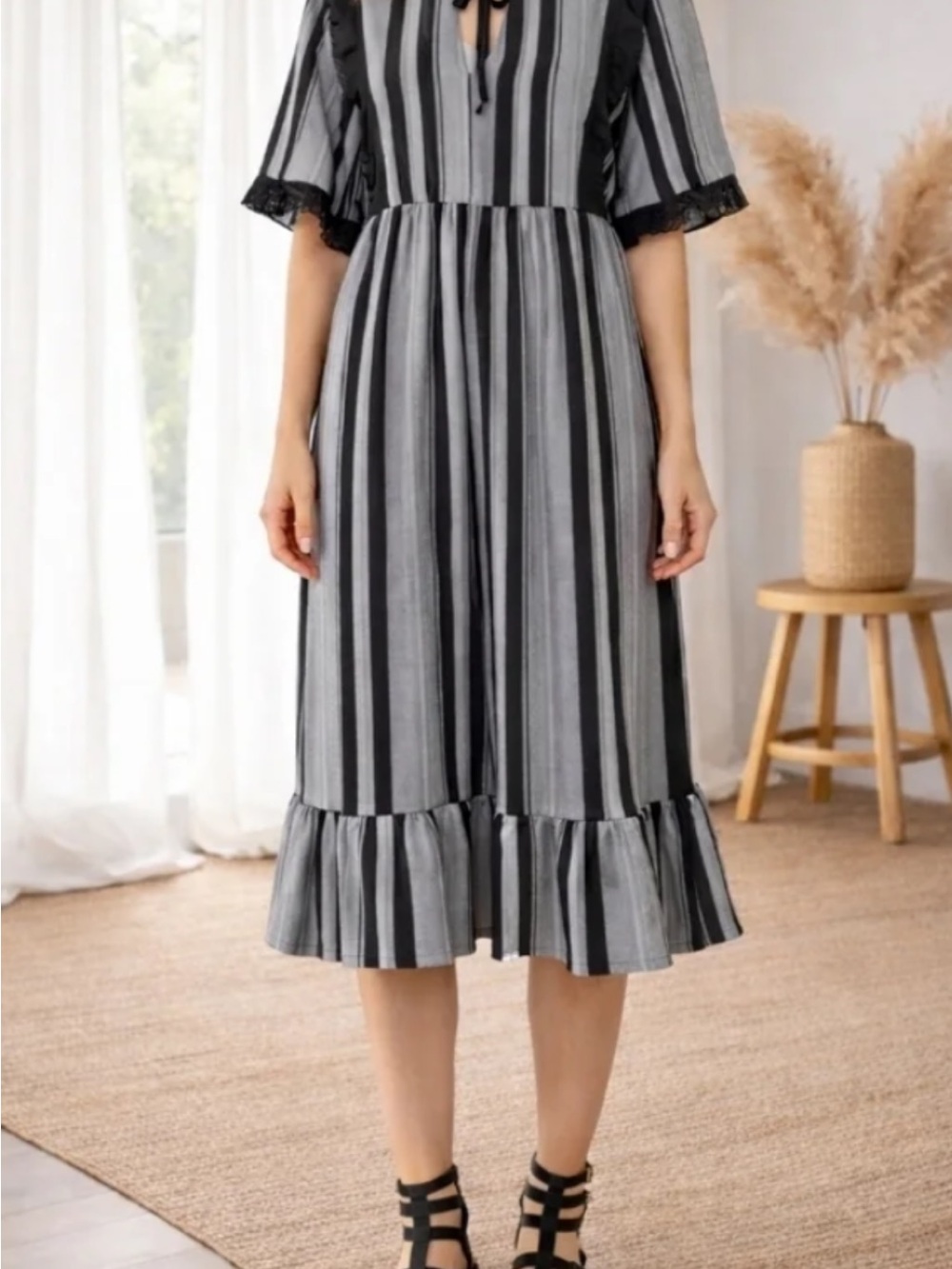 Zara Black and White Vertical Stripe Ruffle Midi Dress